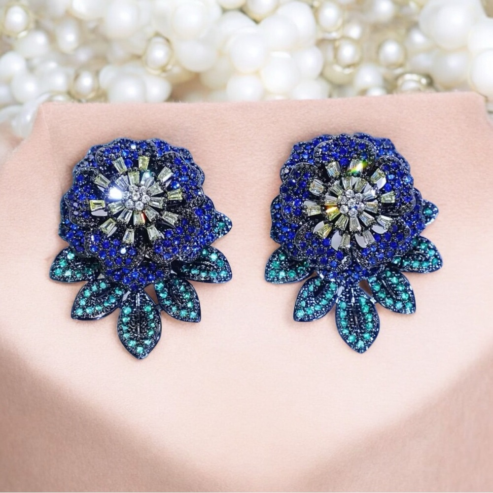 GUNMETAL BLUE GREEN FLORAL CZ EARRINGS